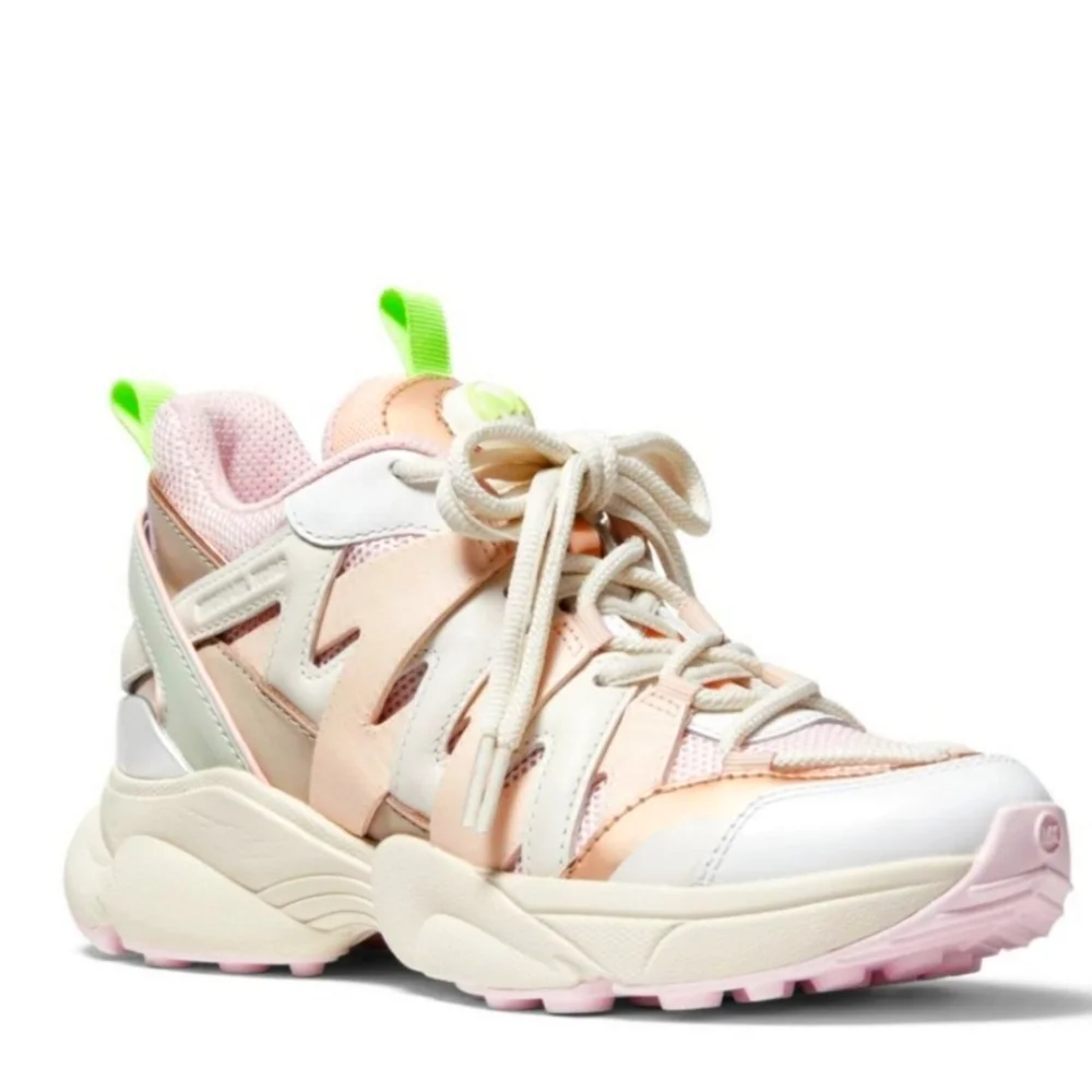 Michael Kors Hero Leather and Mesh Trainer Sneakers Tennis Shoe Cream Multi 8M